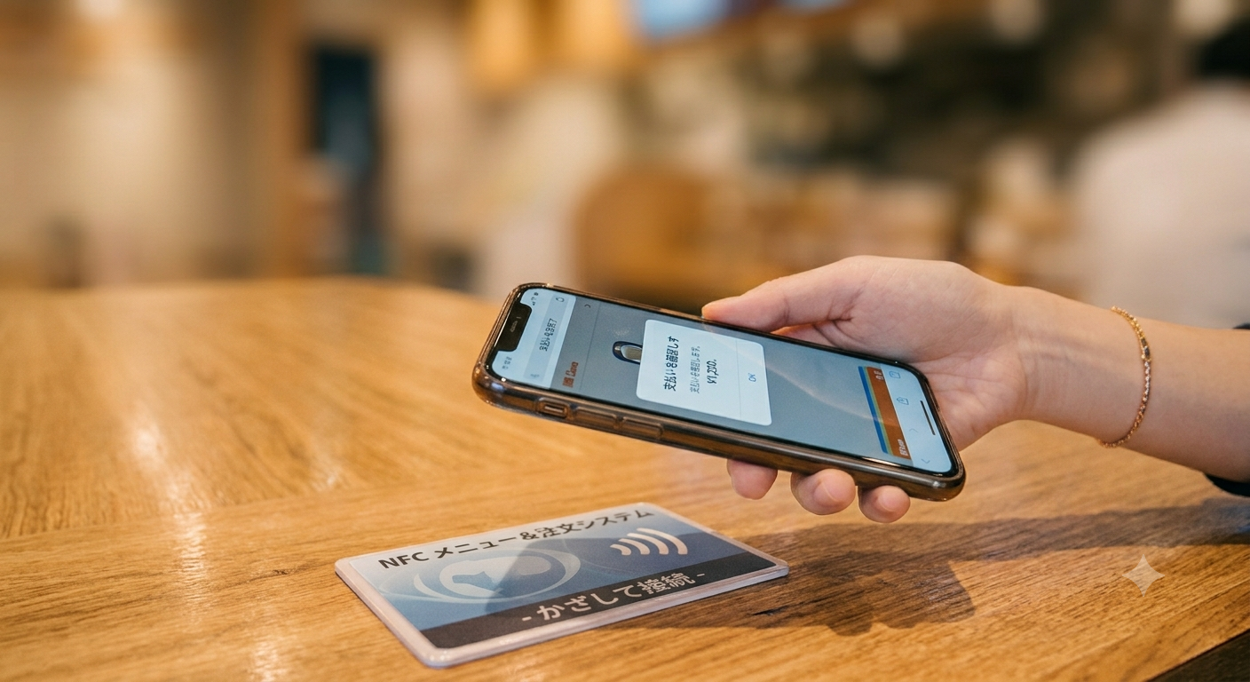 テーブルのNFCタグにスマートフォンをかざして注文する様子